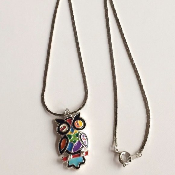 Owl Pendant Necklace Bird Multicolor Pop Aart Enamel Patchwork 19" Silver Plated - Picture 6 of 8